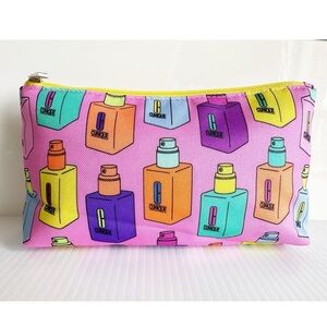 Vintage Clinique Bold Print w/ Bottles Cosmetic Makeup Bag Zippered Pouch Pink